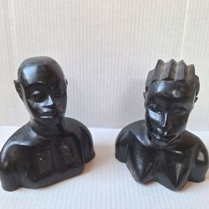Antique Set of 2 Hand Carved Ebony Wood African Tribal Bust